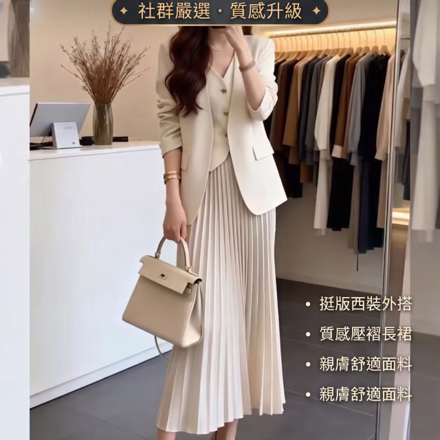 2026春季流行新款職場通勤西裝套裙女氣質百褶裙顯瘦外套半身裙